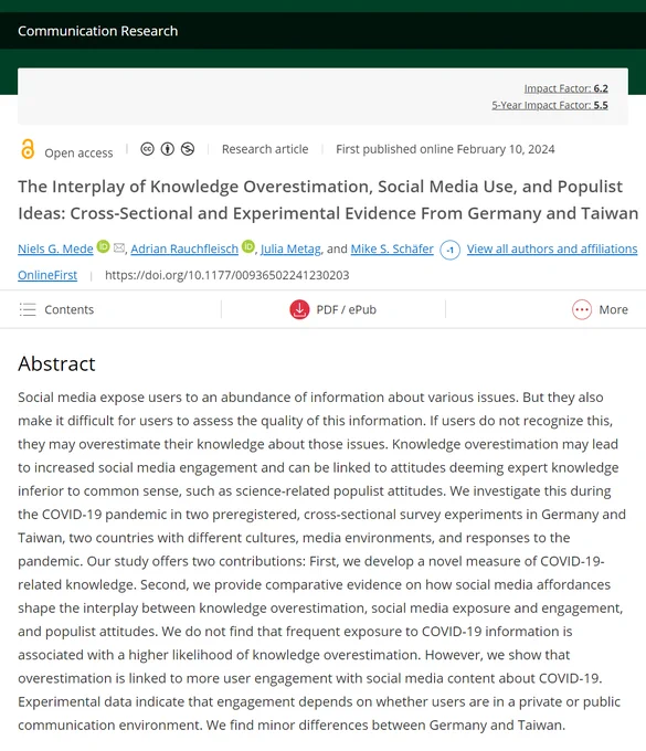 Title and abstract of our new study "The interplay of knowledge overestimation, social media use, and populist ideas: Cross-sectional and experimental evidence from Germany and Taiwan", published in Communication Research. 
