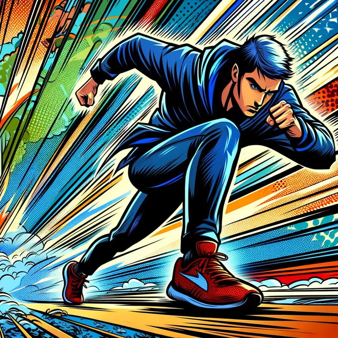 A comic-style illustration representing the theme of commitment and perseverance, without any text. The image should be vibrant and dynamic, showing a character steadfastly pursuing a challenging goal. The character could be depicted in an action-packed scene, overcoming obstacles or staying focused on a difficult task, amidst a colorful and energetic background. The artwork should capture the spirit of determination and resilience in a graphic novel format, without the need for words to convey the message.