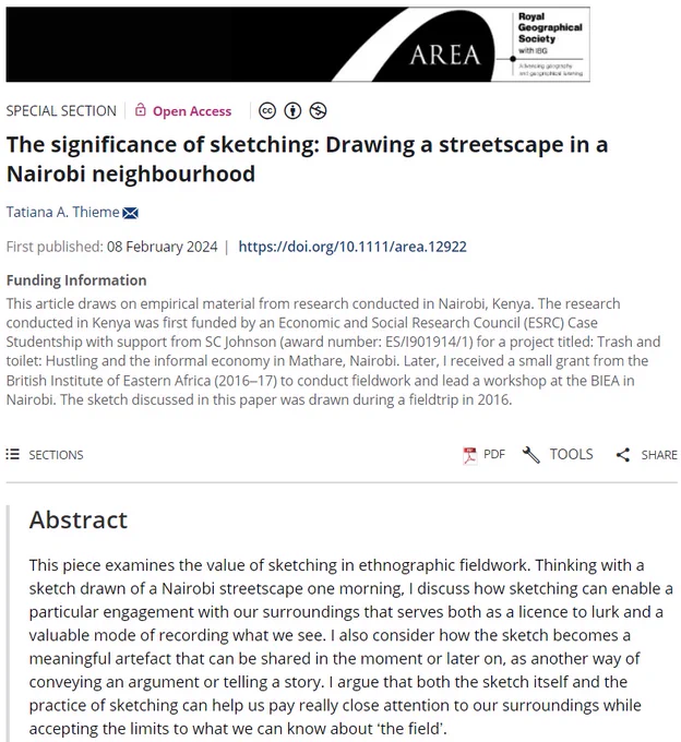 Title and abstract for 'The significance of sketching: Drawing a streetscape in a Nairobi neighbourhood' by Tatiana A. Thieme in Area.