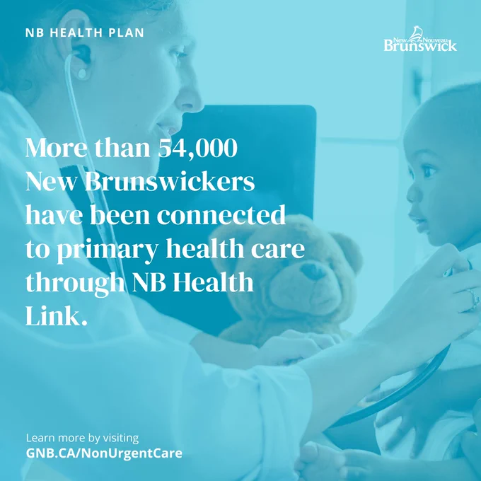 Under the watchful eye of his teddy bear, a baby boy is examined by a female doctor.

NB Health Plan:
- More than 54,000 New Brunswickers have been connected to primary health care through NB Health Link.
- Learn more by visiting: GNB.CA/NonUrgentCare