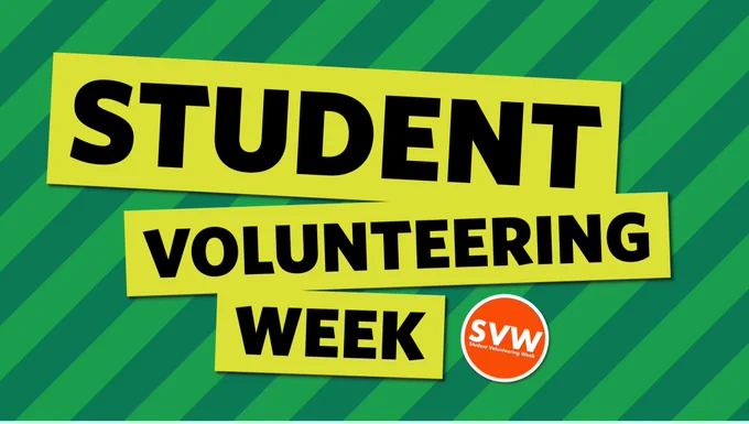 Green stripy background with text reading “Student Volunteering Week” plus the orange SVW logo.
