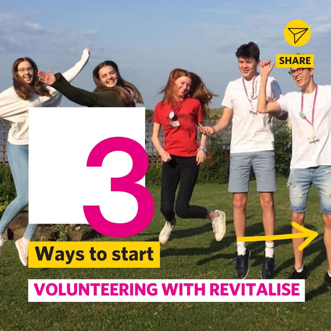 Image of five student volunteers at Revitalise. The students are smiling and jumping while getting their image clicked. Text on the image reads: 3 ways to start volunteering with Revitalise