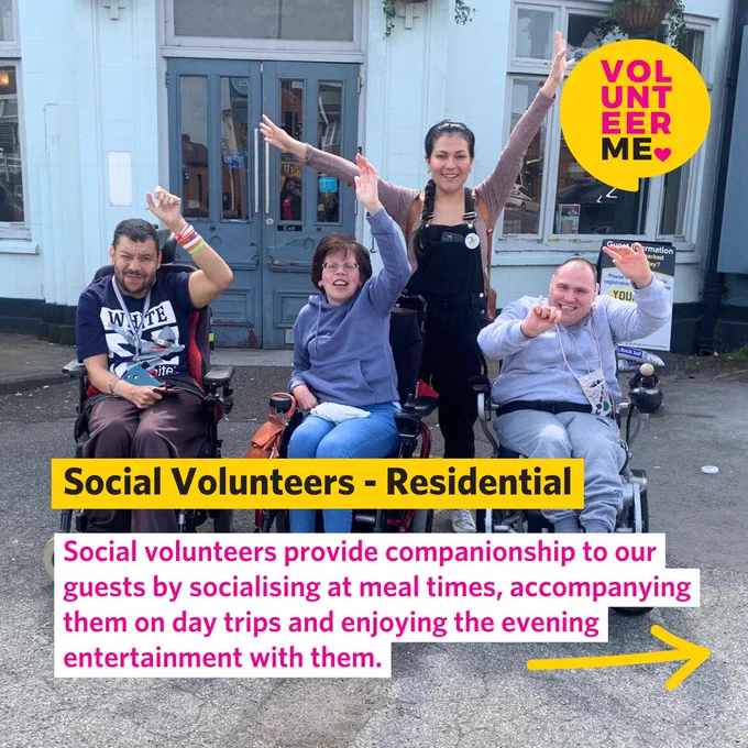 Image of three Revitalise guests and a volunteer out on an excursion. All of them are waving at the camera. Text on the image reads: Social volunteers - Social volunteers provide companionship to our guests by socialising at meal times, accompanying them on day trips and enjoying the evening entertainment with them.