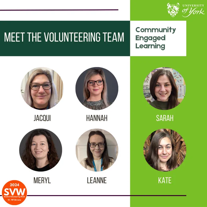 Image shows six photographs of staff members who make up the Volunteering team.