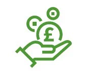 A simple line drawing in green ink, indicating a hand receiving money