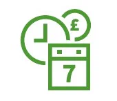 A line drawing in green indicating a calendar, clock, and pound sign.