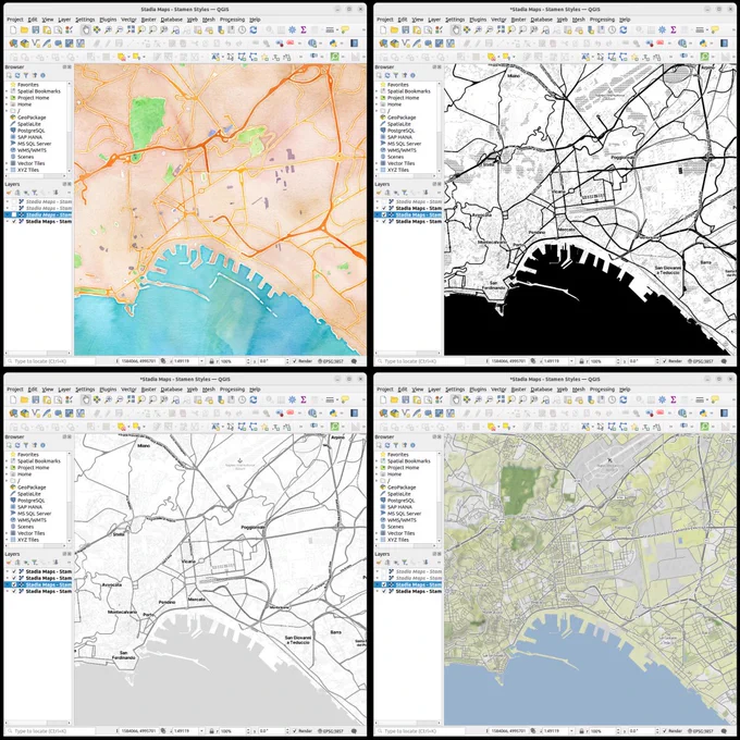 Stadia Maps serving the Stamen styles (Watercolor, Toner, Toner Lite, and Terrain) in QGIS.