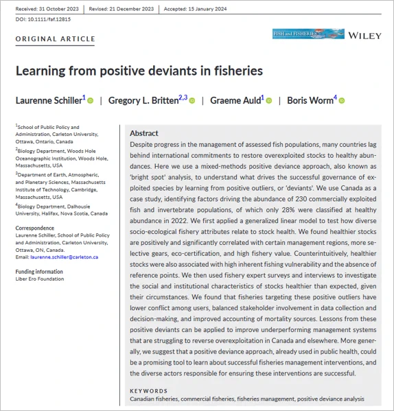 Title, authors’ names, and abstract from a paper about factors influencing fisheries management. Text: Learning from positive deviants in fisheries.