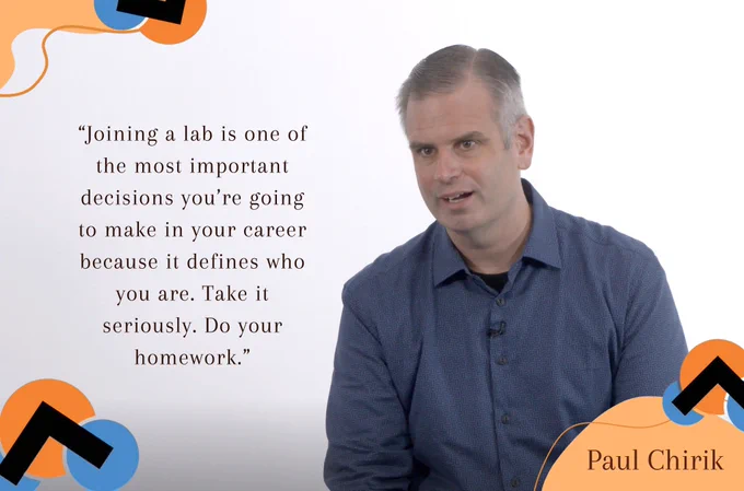 Color photo of Princeton Chemistry Department Chair Paul Chirik, with a quote and blue/orange accents.