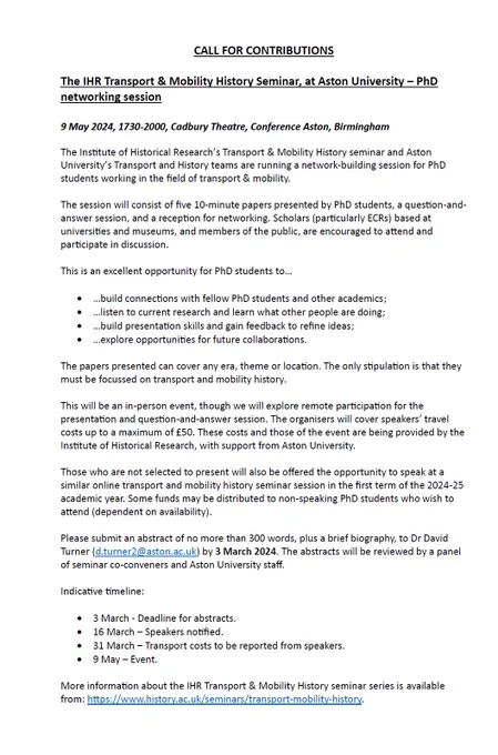 Boring looking text which details the session at Aston University on 9 May for PhD students working on transport and mobility history.