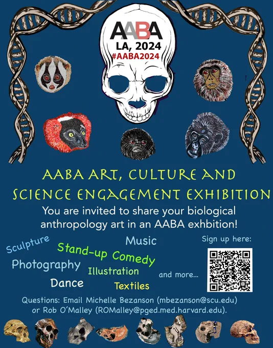 Poster with images of primates, hominin skulls, and stylized DNA.  Text reads: "AABA Art, Culture and Science Engagement Exhibition.  You are invited to share your biological anthropology art in an AABA exhibition.  Sculture, Stand-up comedy, music, dance, textiles and more..."  For Questions email Michelle Bezanson (mbezanson[at]SCU.edu or Rob O'Malley (ROmalley[at]PGED.med.harvard.edu).