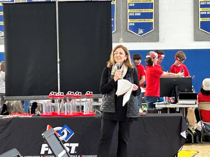 Vt. Economic Development Commissioner Joan Goldstein speaks at FIRST Vermont Robotics State Championships