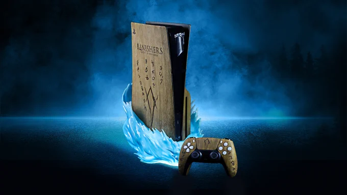 Beautyshot of the customized PlayStation 5 console and controller dedicated to the release of Banishers: Ghosts of New Eden. Both the body of the console and the controller imitate a slightly mossy light wood. On the console the logo of the game is carved in a dark brown color, and underneath many runes are carved in the same color as the title.Around the console itself, there is an enveloping light blue aura. The controller matches the console, made of mossy light wood and has runes decorating the handle and touch-pad.