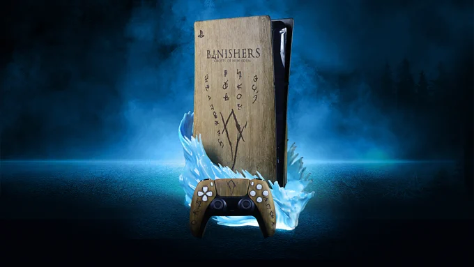 Beautyshot of the customized PlayStation 5 console and controller dedicated to the release of Banishers: Ghosts of New Eden. Both the body of the console and the controller imitate a slightly mossy light wood. On the console the logo of the game is carved in a dark brown color, and underneath many runes are carved in the same color as the title.Around the console itself, there is an enveloping light blue aura. The controller matches the console, made of mossy light wood and has runes decorating the handle and touch-pad.
