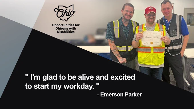 Smiling photo of Emerson Parker and coworkers. OOD Logo. Text: "I'm glad to be alive and excited to start my workday. -Emerson Parker" 