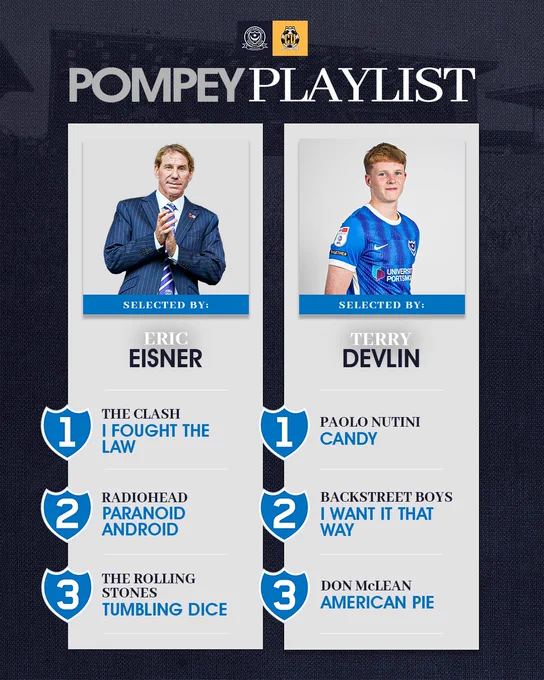 Pompey Playlist: Eric Eisner vs Terry Devlin

Eric Eisner: The Clash - I Fought The Law, Radiohead - Paranoid Android, The Rolling Stones - Tumbling Dice.

Terry Devlin: Paolo Nutini - Candy, Backstreet Boys - I Want It That Way, Don McLean - American Pie.
