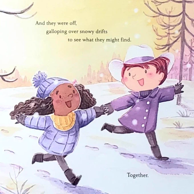 Glowing sunset, snowy, woodsy background. Mira and Violet run laughing together, holding hands through the snow, arms outstretched. Mira has violet cap and coat, brown skin, thick, curly, black hair; Violet has white and purple cowgirl hat and coat, peach skin; short, asymmetrical red hair.