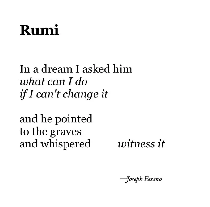 Rumi


In a dream I asked him
what can I do
if I can't change it

and he pointed
to the graves
and whispered          witness it