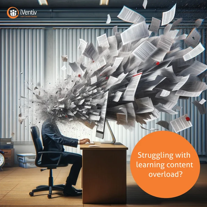 A worker sat at a desk looks at a screen of learning content as their head explodes in showers of paper and information from content overload