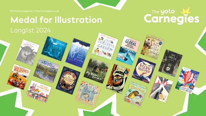 Image with the covers of all books longlisted for the 2024 Yoto Carnegie Medal for Illustration. 