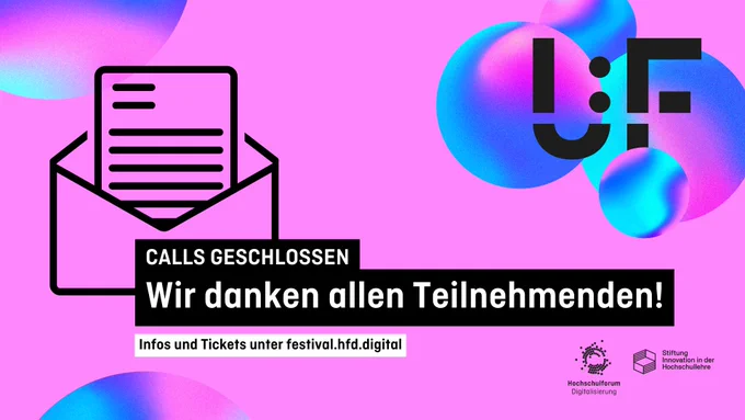 Auf rosa Hintergrund ist link oben ein geöffneter Brief dargestellt. Rechts oben befindet sich das Logo des University: Future Festivals. Mittig befindet sich der Text “Calls geschlossen” und darunter in großer Schrift hervorgehoben “Wir danken allen Teilnehmenden!”. Unterhalb ist der Hinweis “Infos und Tickets unter festival.hfd.digital” platziert. Unten rechts sind die Logos der Stiftung Innovation in der Hochschullehre und des Hochschulforums Digitalisierung platziert.