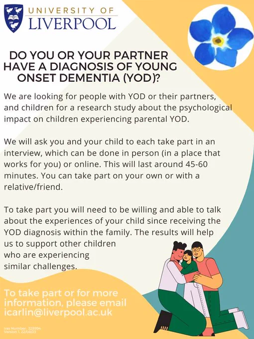 Do you or your partner have a diagnosis of young onset dementia (YOD)? To take part you will need to be willing and able to talk about the experiences of your child since receiving the YOD diagnosis within the family.