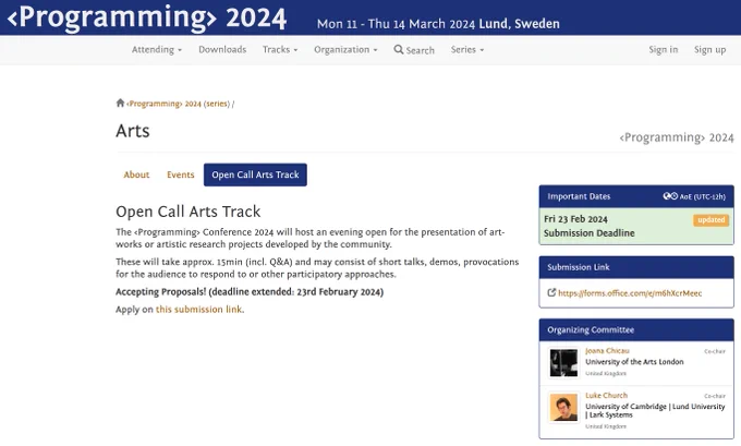 A screenshot of the website of the art track. The displayed deadline is February 23, 2024