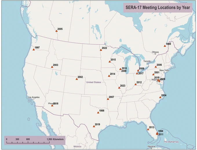 Figure 1. Location of Southern Extension and Research Advisory Information Exchange Group-17 (SERA-17) annual meetings from 1996 to 2023. Note that the 2020 and 2021 meetings were conducted virtually and are therefore absent from the map.