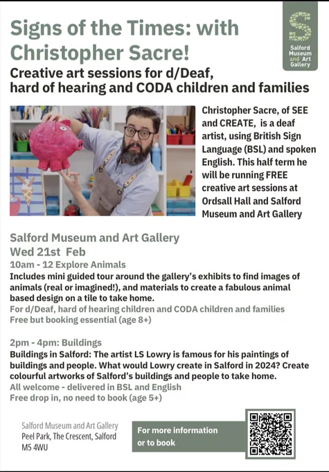 Picture of man holding papier-mâché pig, information and QR code