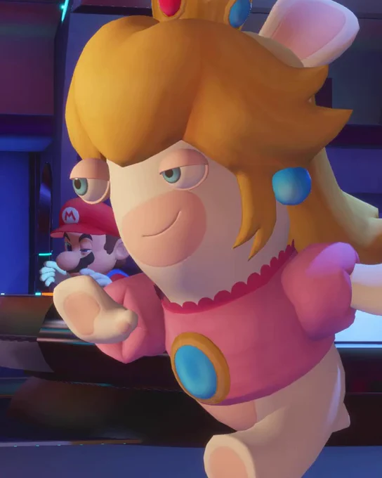 Rabbid Peach struting her stuff with a smirk on her face.