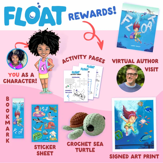 The image shows many of the items included in the book bundles for FLAOT for backers of the Kickstarter. Every bundle includes at least one copy of the hardcover full color children's book. Others include bookmarks, sticker sheets, activity page downloads, a hand-made crochet sea turtle, an art print signed by the author, a virtual author visit for the school of your choice, and even the opportunity to have yourself or your child drawn in the book as a background character!