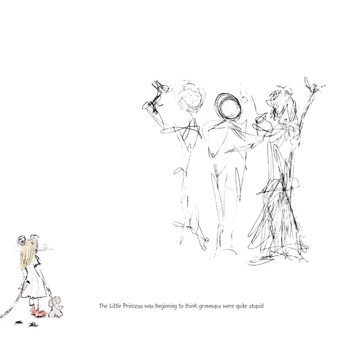 An illustration of a little princess with a mouse tail and ears. She is watching grown-ups from afar