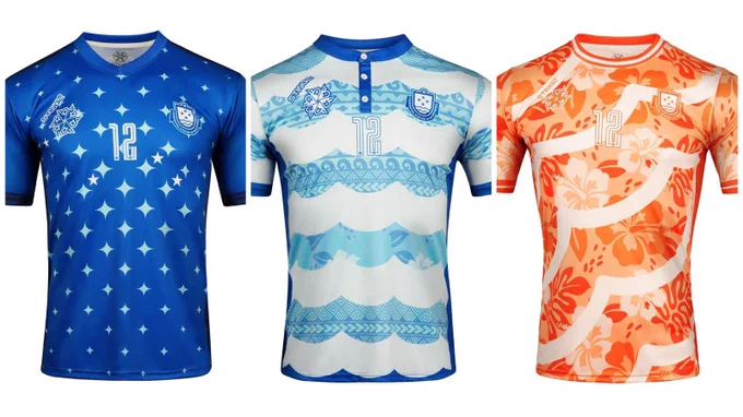 A picture of the three new Micronesia national football team shirts designed by Stingz.