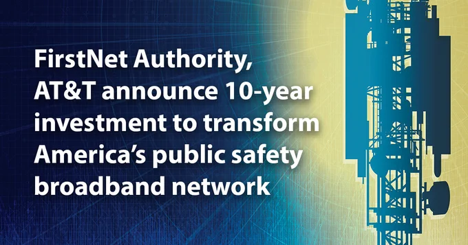 An animated, shadowed, cell tower rises on the right, rays of yellow light move outwards from the tower, blue overlay, “FirstNet Authority, AT&T announce 10-year investment to transform America’s public safety broadband network”