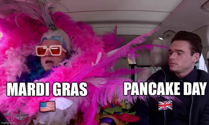 Elton John Carpool meme. Taron Egerton as Elton dressed flamboyantly in colourful outfit, with label “mardi gras” and Richard madden dressed in sober black with the label “pancake day”