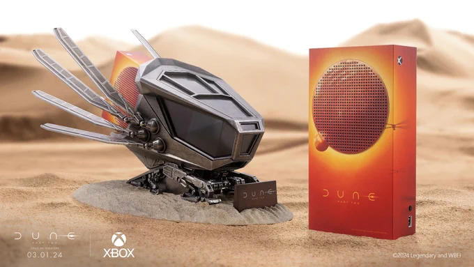 Image of a custom Dune Part Two Xbox Series S console and custom dragonfly-inspired ornithopter console stand in a desert environment. The Dune Part Two logo as well as “Only in Theaters 03.01.24” and the Xbox logo is in the bottom left corner and “©2024 Legendary and WBEI” is in the right corner.