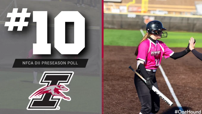 A graphic promoting the UIndy softball team's #10 ranking in the NFCA DII Preseason Poll. The highlighted Shelby Cook hi-fiving a teammate before going up to bat.