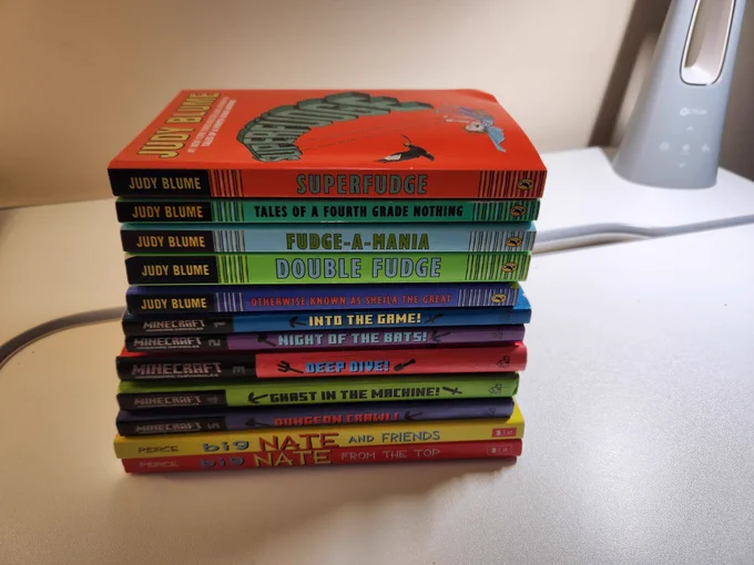 A stack of Judy Blume, Minecraft, and Big Nate books