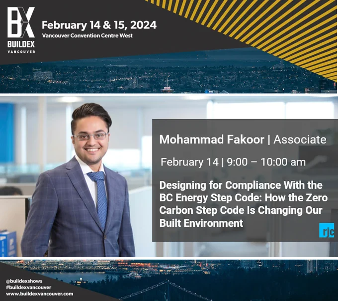 Join RJC’s Mohammad Fakoor, who will be presenting at #BUILDEXVancouver on Feb 14 | 9:00 – 10:00 AM about Designing for Compliance With the #BCEnergyStepCode: How the Zero Carbon Step Code Is Changing Our Built Environment. Reg: https://bit.ly/42rkl6g
#zerocarbon #Engineering 