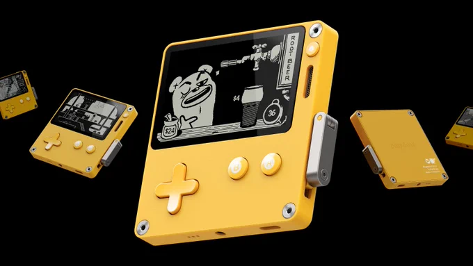 Five floating yellow Playdates showing different games: Gun Trails, Eyelid, Root Bear (big one in the middle), and P-Racing.