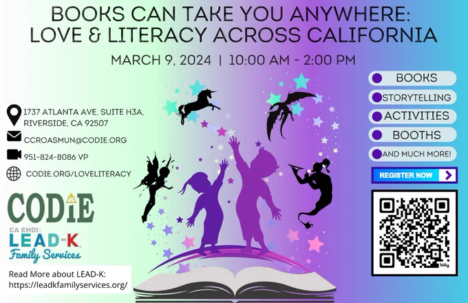 [Image description: Graident background in green, purple and blue.  Two young children reaching for the stars as their imaginary friends looked on.
Left column: CODIE and LEAD-K on the bottom.  Right column: A bullet list: "Books, Storytelling, Activities, Booths, and Much More!".  Next is a register button in white font on the blue background with a purple arrow on the white background.  Next, QR code. ]