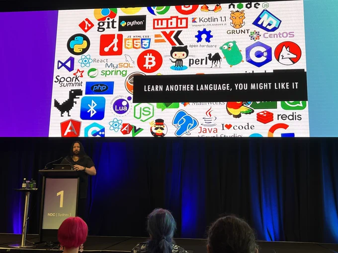 Learn another language, you might like it - David on stage with that slide