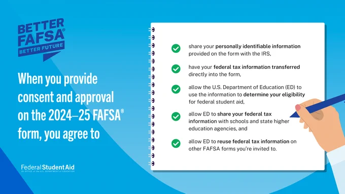 When you provide consent and approval on the 2024–25 FAFSA form, you agree to ​
share your personally identifiable information provided on the form with the IRS,​ have your federal tax information transferred directly into the form, 
allow the U.S. Department of Education (ED) to use the information to determine your eligibility for federal student aid, allow ED to share your federal tax information with schools and state higher education agencies, and ​allow ED to reuse federal tax information on other FAFSA forms you’re invited to. ​