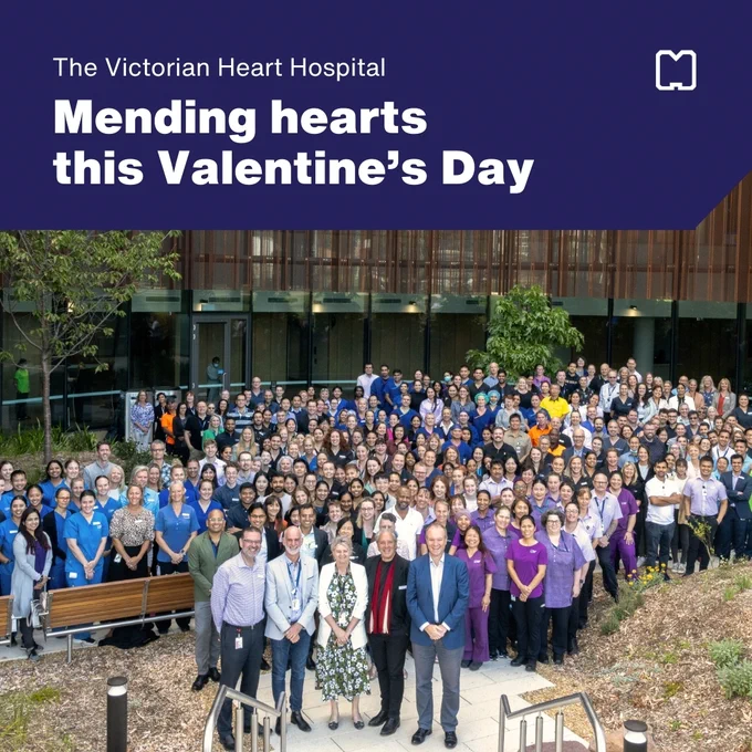 A photo of Victorian Heart Hospital staff with the words “Mending hearts this Valentine’s Day”.