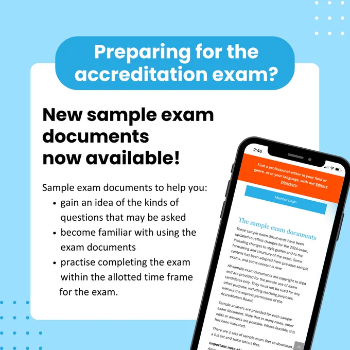 Social tile promoting the accreditation exam sample documents. The text appears in the caption. On the right side of the tile is an image of a mobile phone which is looking at the sample exam documents page on the IPEd website. 