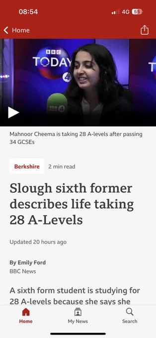 News story on bbc news app with title ‘Slough sixth former describes life taking 28 a-levels’ image 2 of 2