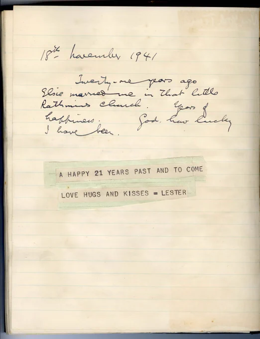 A page from the Seán Lester Diaries. The handwritten part reads "18th November 1941, Twenty-one years ago Elsie married me in that little Rathmines Church. Years of happiness. God, how lucky I have been."

A typed pasted section reads "A happy 21 years past and to come love hugs and kisses= Lester"
