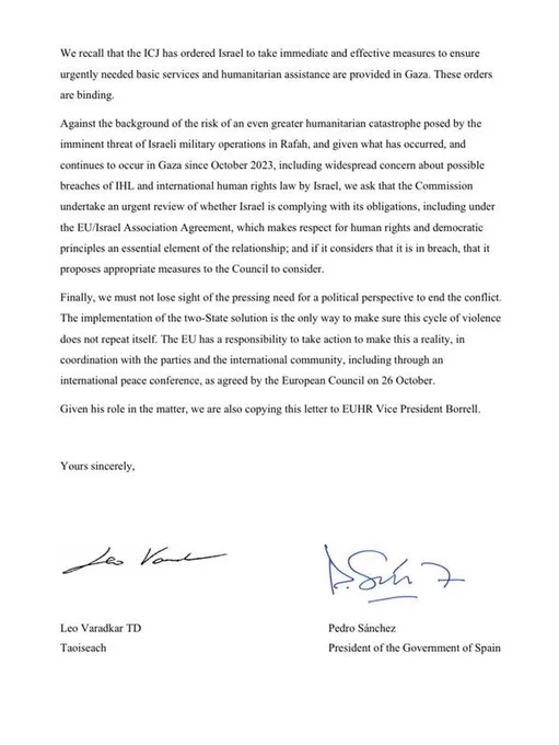 Letter signed by Taoiseach Leo Varadkar and Prime Minister of Spain Pedro Sánchez to President of the European Commission Ursula von der Leyen addressing the situation in Gaza.