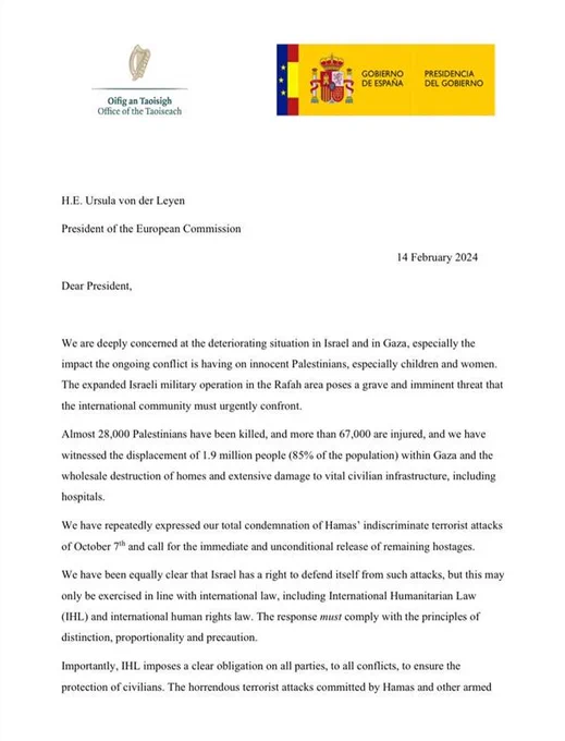 Letter signed by Taoiseach Leo Varadkar and Prime Minister of Spain Pedro Sánchez to President of the European Commission Ursula von der Leyen addressing the situation in Gaza.