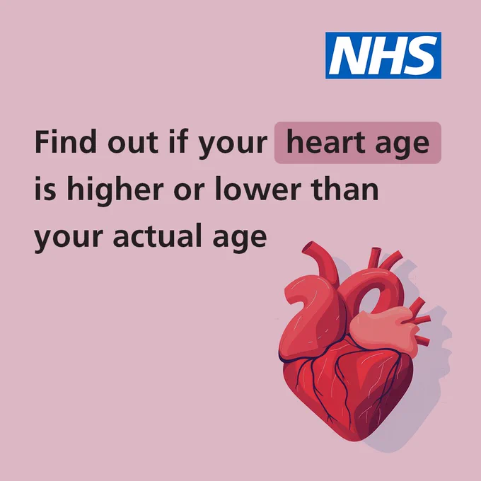 Illustration of a heart. The text reads "Find out if your heart age is higher or lower than your actual age."

The NHS logo is in the top right hand corner.